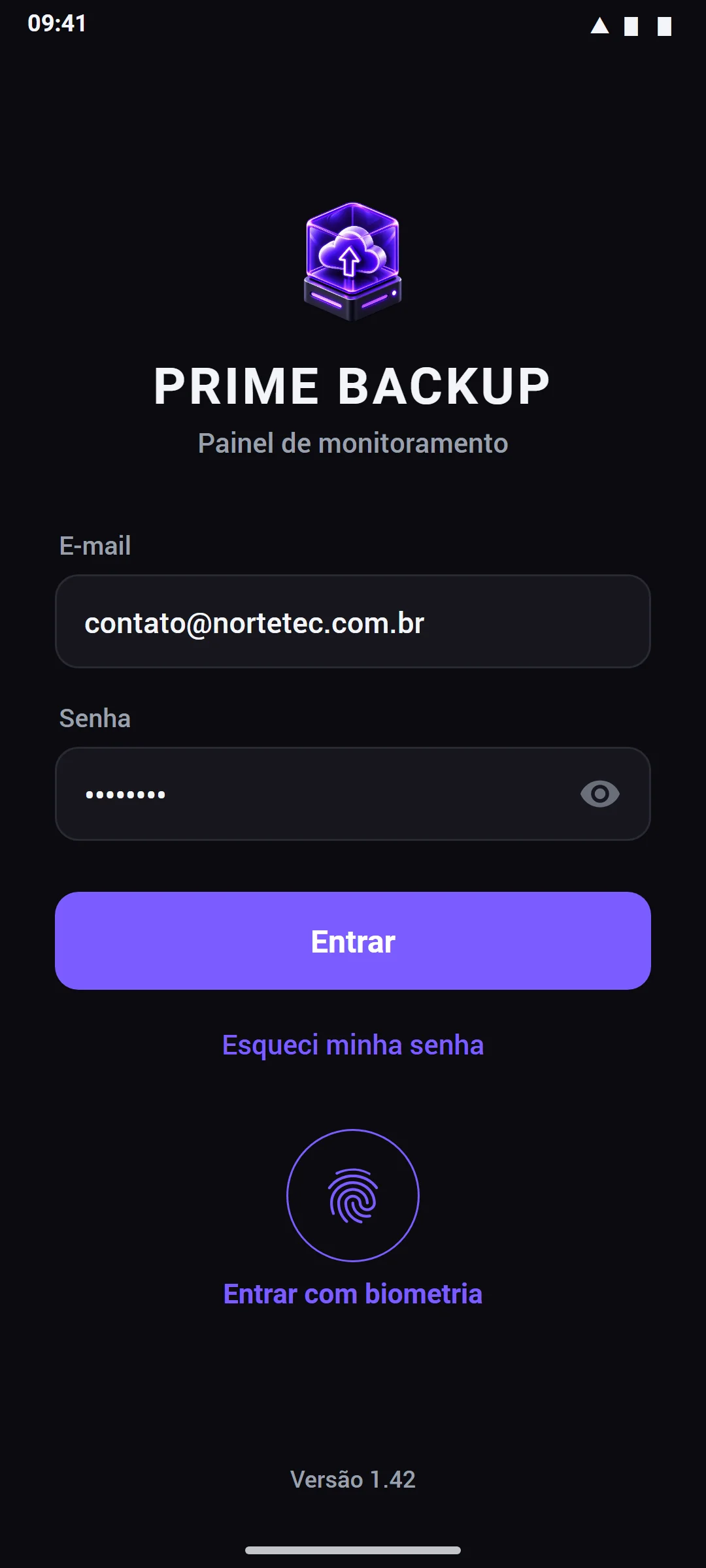 Tela de login do aplicativo Prime Backup