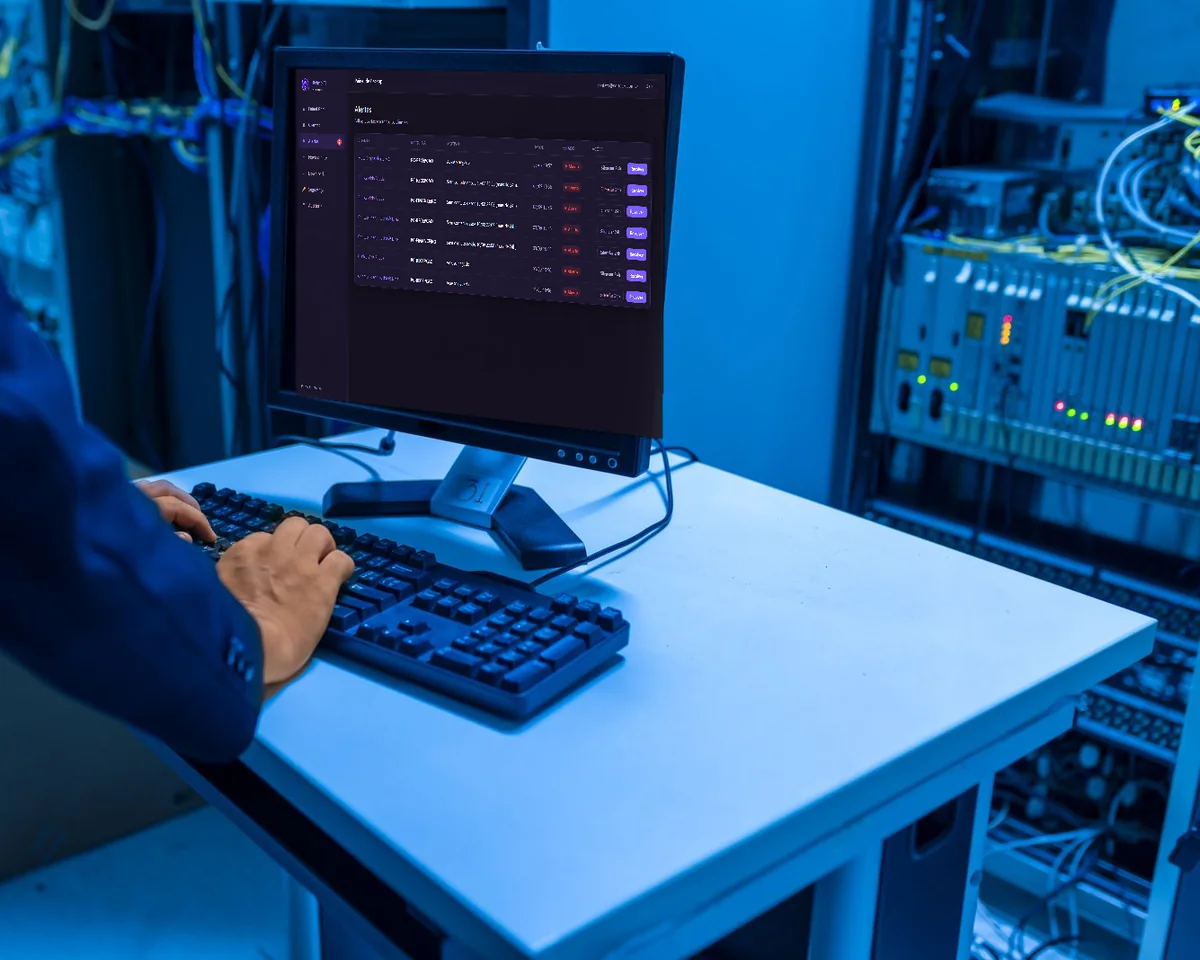 Técnico na sala de servidores com a tela de alertas do Prime Backup