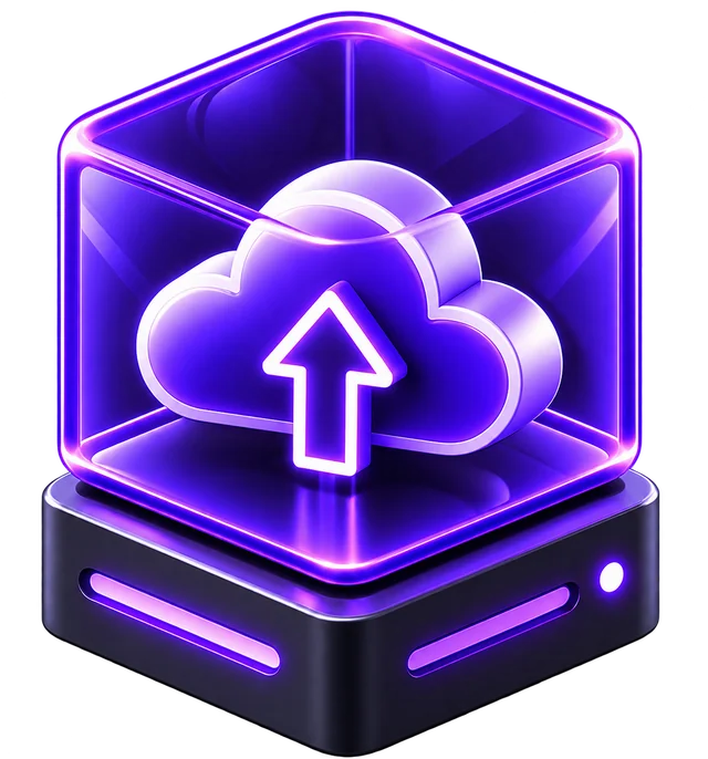 Símbolo do Prime Backup: nuvem e seta de upload dentro de um cubo sobre a base de armazenamento